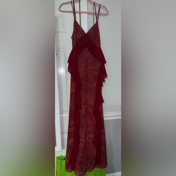 NEW Nasty Gal MAXI LONG DRESS Red Paisley Print Ruffle Halter Neck Size S NWT! - Picture 8 of 12